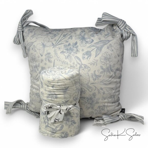 My Texas House Blue Bunny Toile Printed Dutch Velvet Easter Pillow 20" Spring - Picture 6 of 8